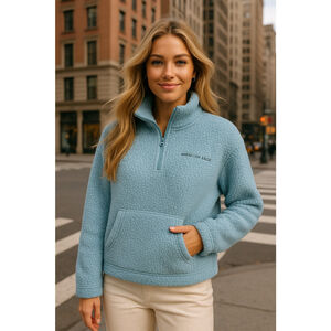 American Eagle Sherpa Pullover 1/4 Zip Blue Cozy Soft Lounge Autumn Winter City